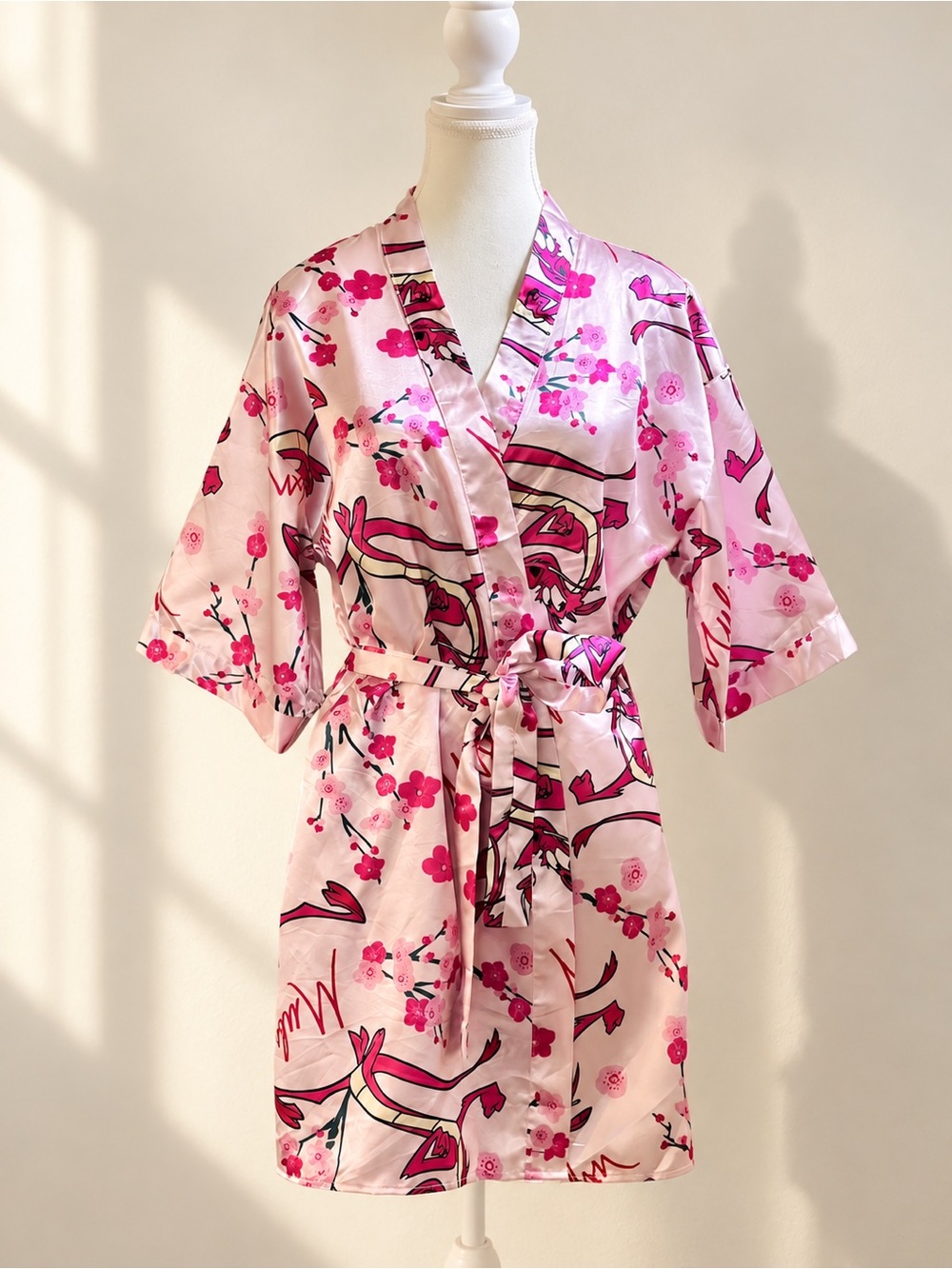 Disney Mulan Pink Floral Satin Look Kimono Robe Size 6